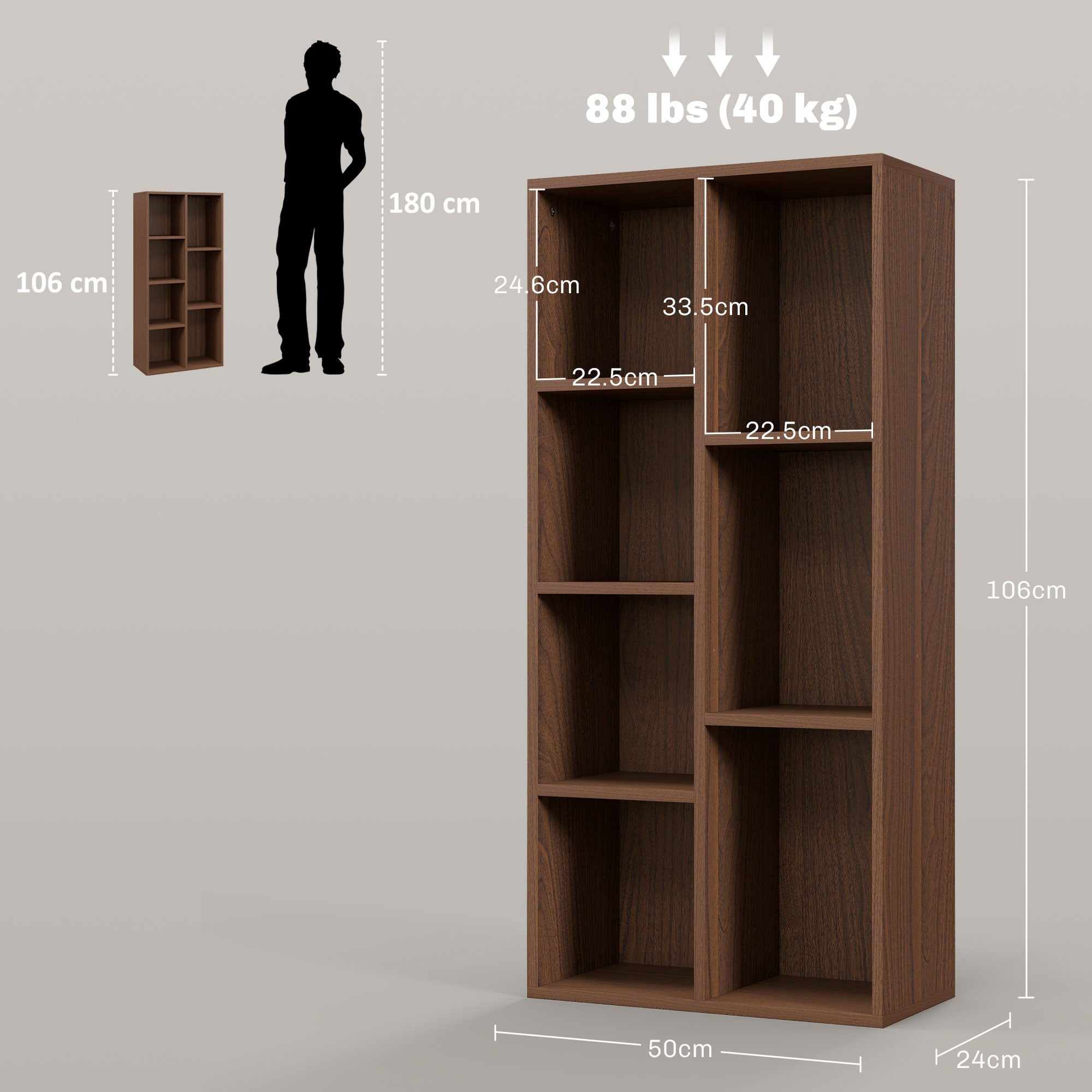 HOMCOM Seven-Cube Bookcase - Walnut Wood Effect
